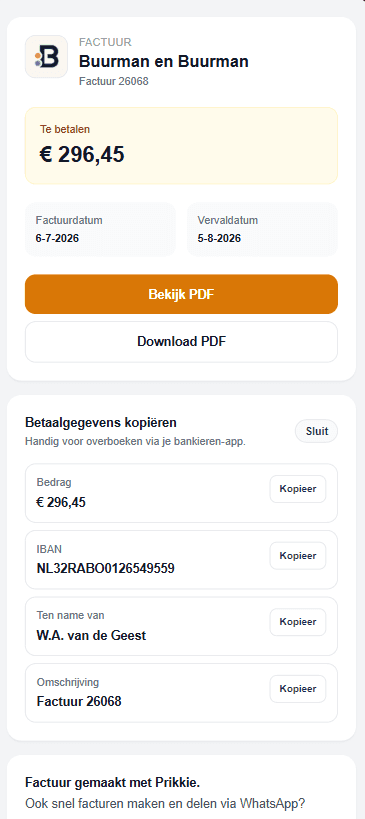 De online factuurpagina die de klant ontvangt