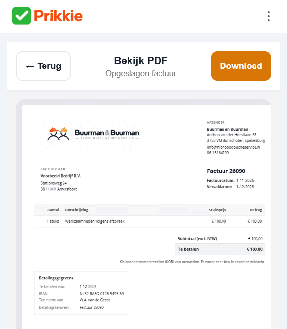 Voorbeeld van een KOR-factuur in Prikkie