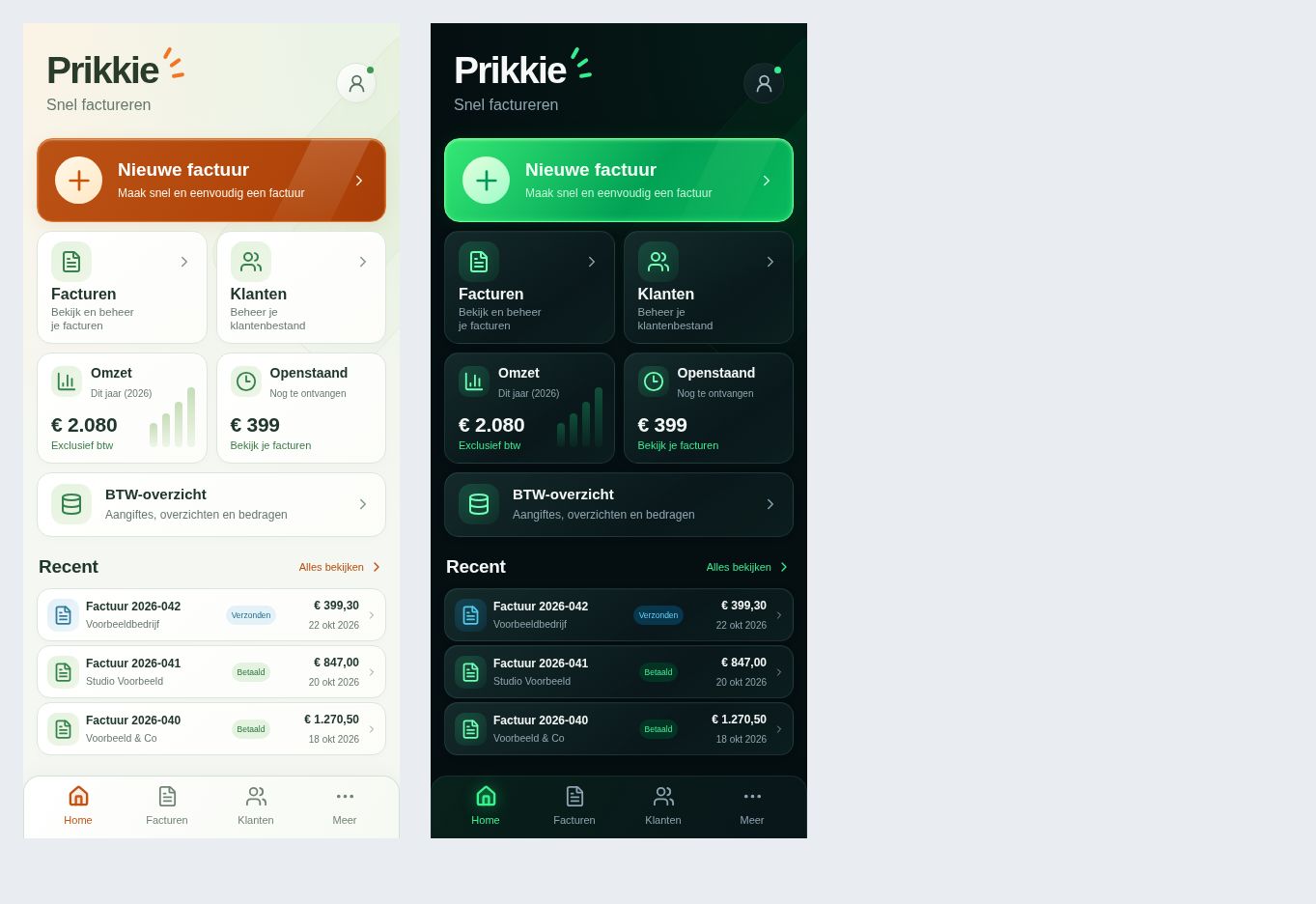 Het dashboard van Prikkie met facturen, klanten en btw-overzicht in de lichte modus, met voorbeeldgegevens