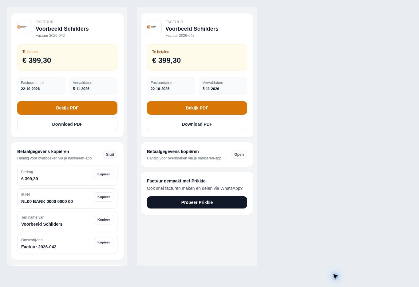 De online factuurpagina die de klant ontvangt, met voorbeeldgegevens