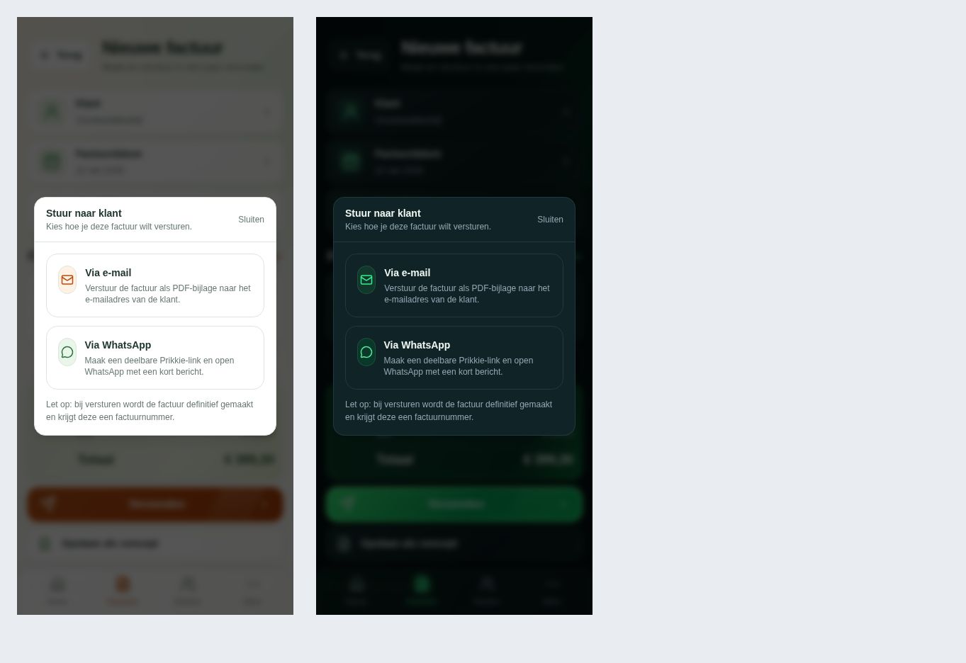 Keuze om een factuur via e-mail of WhatsApp te versturen in de lichte modus, met voorbeeldgegevens